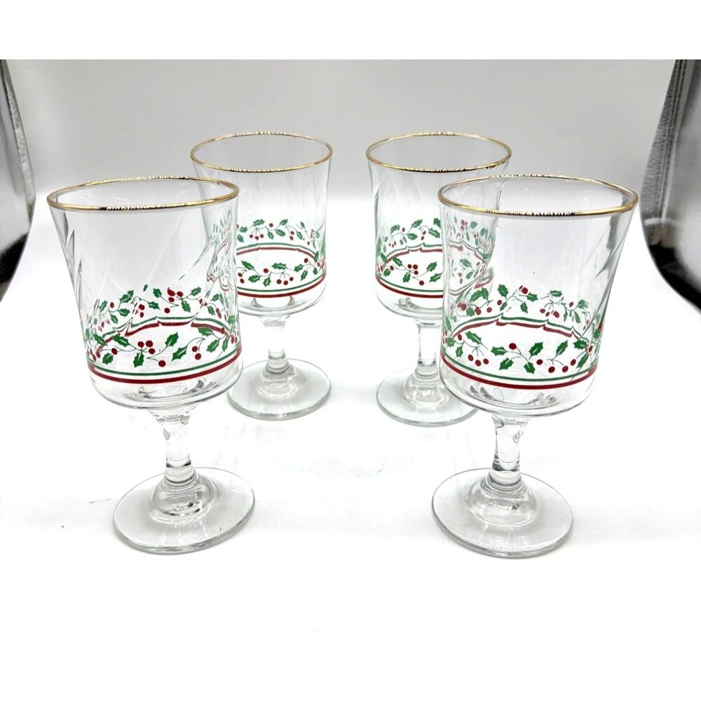 Set Of 4 Libby  Vintage Christmas Holly & Berry Water Goblets With Gold Rim